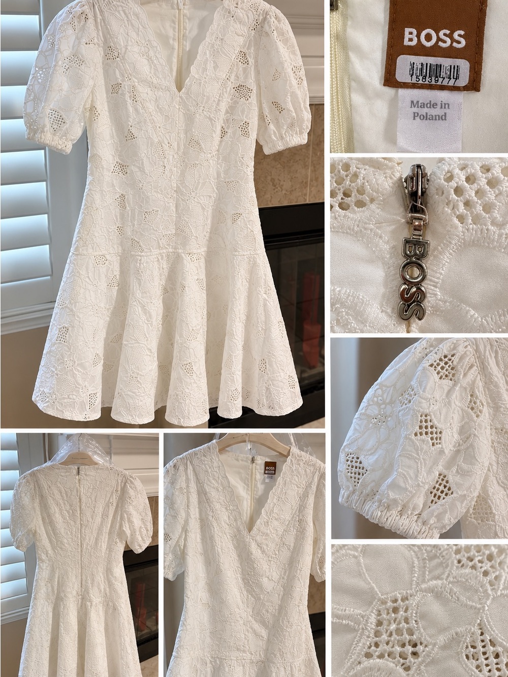 BOSS White Floral Eyelet V-Neck Puff-Sleeve Mini Dress